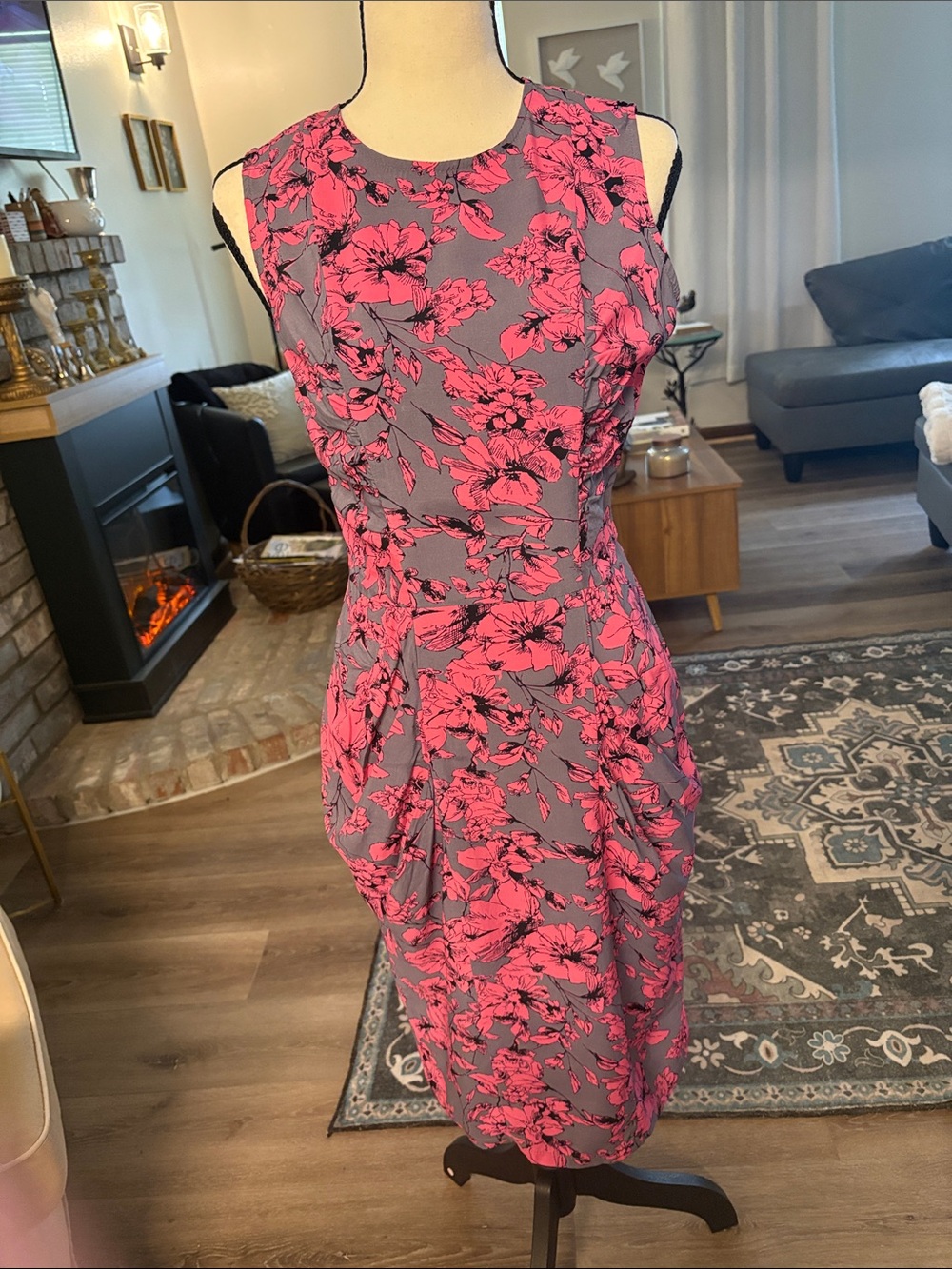 ASOS Gray Dress with Bright Pink Floral Print